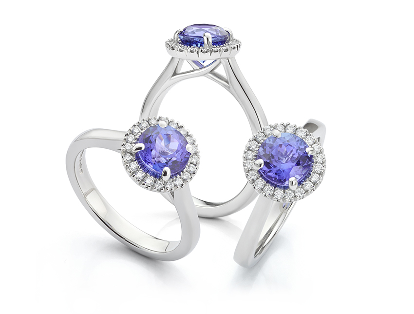 Tanzanite and diamond halo ring in the Eleanor design