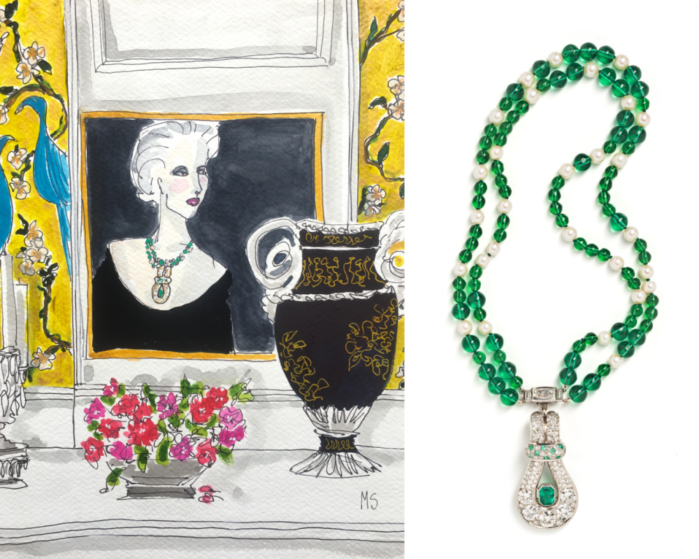 Fashion Illustration by Manuel Santelices for Tiina Smith, featuring a Belperron emerald necklace from Tiina Smith.
