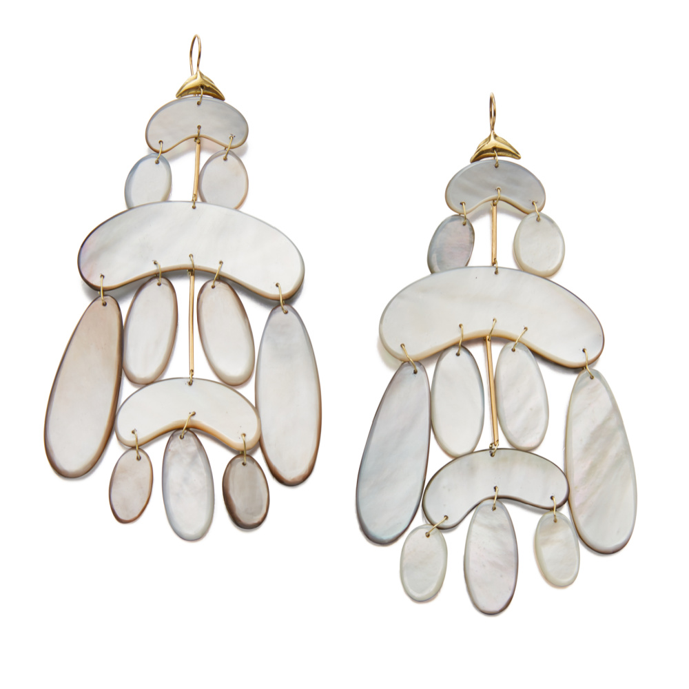 Mother of pearl earrings by Tenthousandthings, from Sotheby's Brilliant & Black, an exhibition of work by Black jewelers