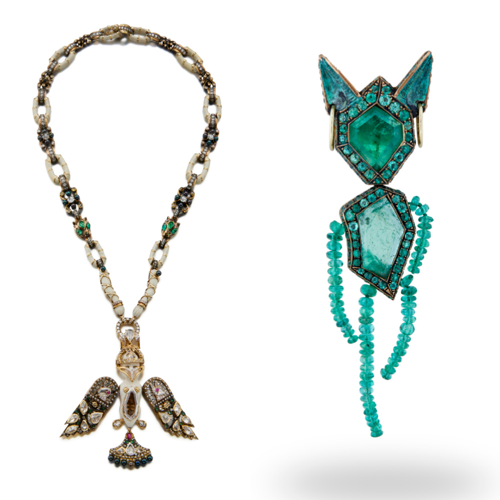 Necklace and emerald brooch by Castro, from Sotheby's Brilliant & Black, an exhibition of work by Black jewelers