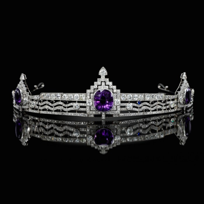 An amethyst, sapphire, onyx and diamond bandeau, Cartier, 1920s,Tiaras exhibition at Sotheby’s, June 2022