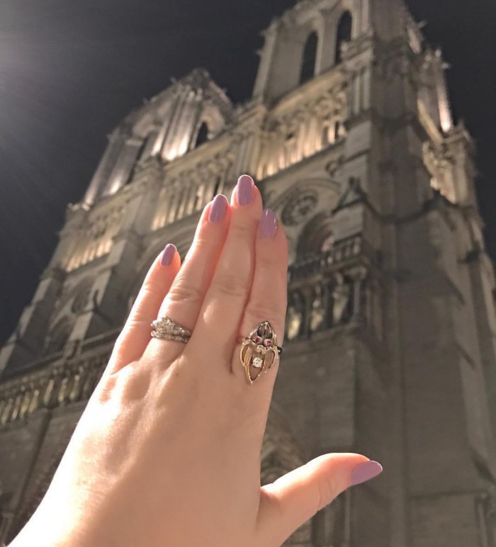 How to travel with jewelry! Photo shows me wearing my antique gargoryle ring in front of Notre Dame cathedral in Paris.