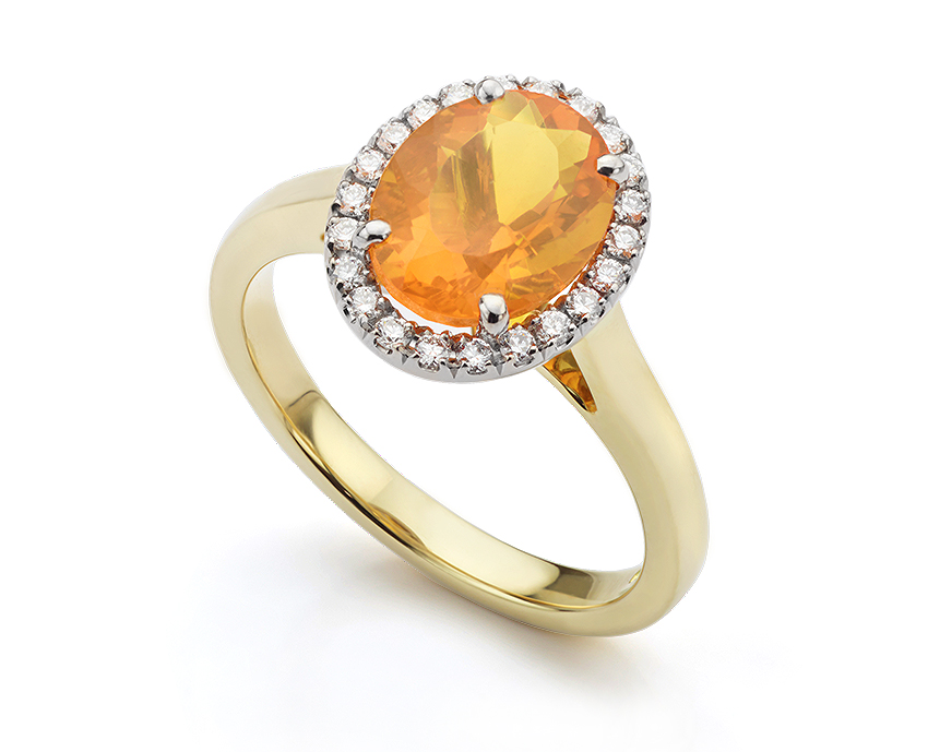 Fire opal and diamond halo ring