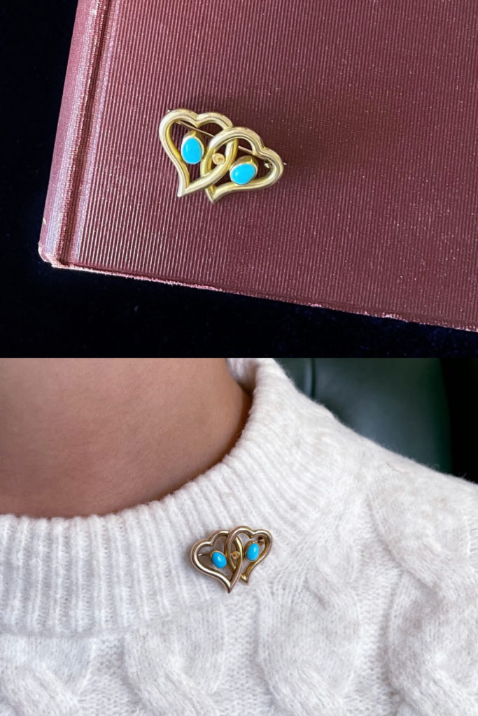 A late Victorian turquoise double heart brooch sold in a Fellows jewelry auction