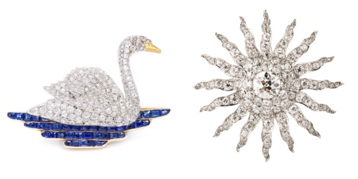 1920's swan brooch and circa 1905 starburst brooch from A La Vieille Russie
