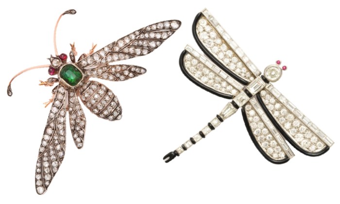 Antique French wasp brooch, circa 1875, with diamonds and emeralds and an Art Deco dragonfly brooch by Janesich, circa 1940. From A La Vieille Russie