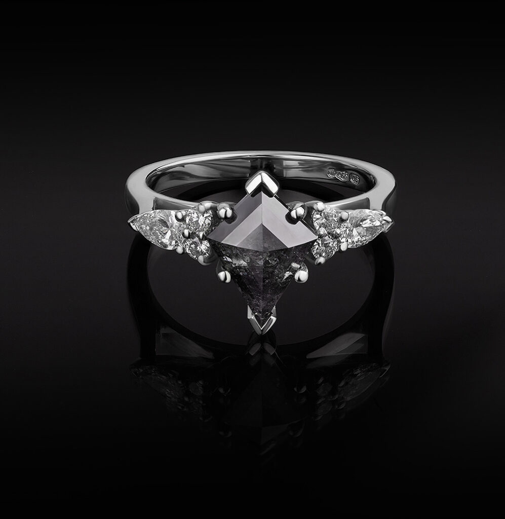 Black gothic style diamond ring with black diamond