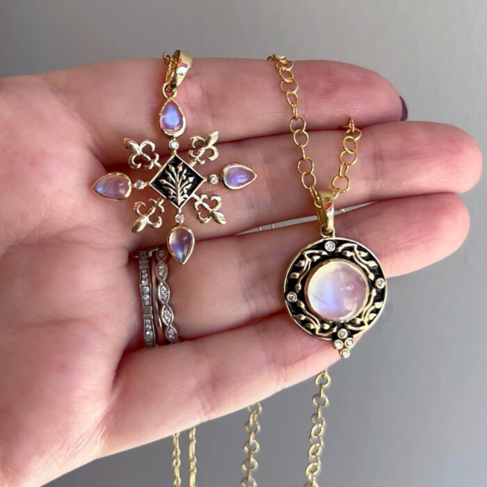 The Magdalena and Anastasia pendants from Loriann Jewelry's Modern Renaissance collection. Moonstone necklaces with black enamel.