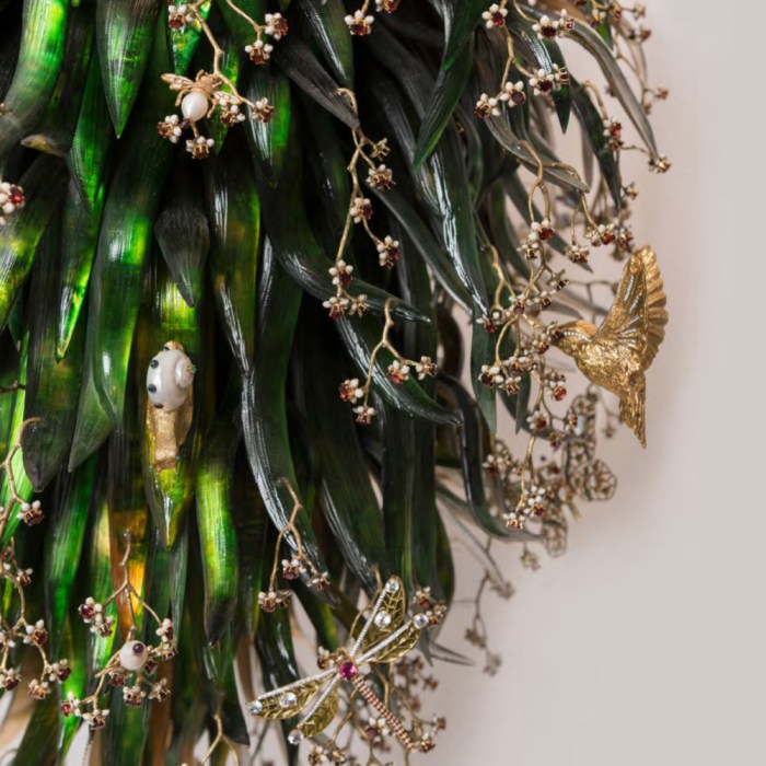 Jeweled hummingbird detail on Alhaja, the 23,000 carat gemstone chandelier by Colombian artist Sebastian Jaramillo.